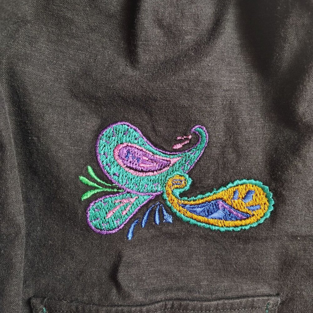 Requirements Black Button Up Embroidered Shirt Peacock Floral Linen Sz 10 - Picture 4 of 12